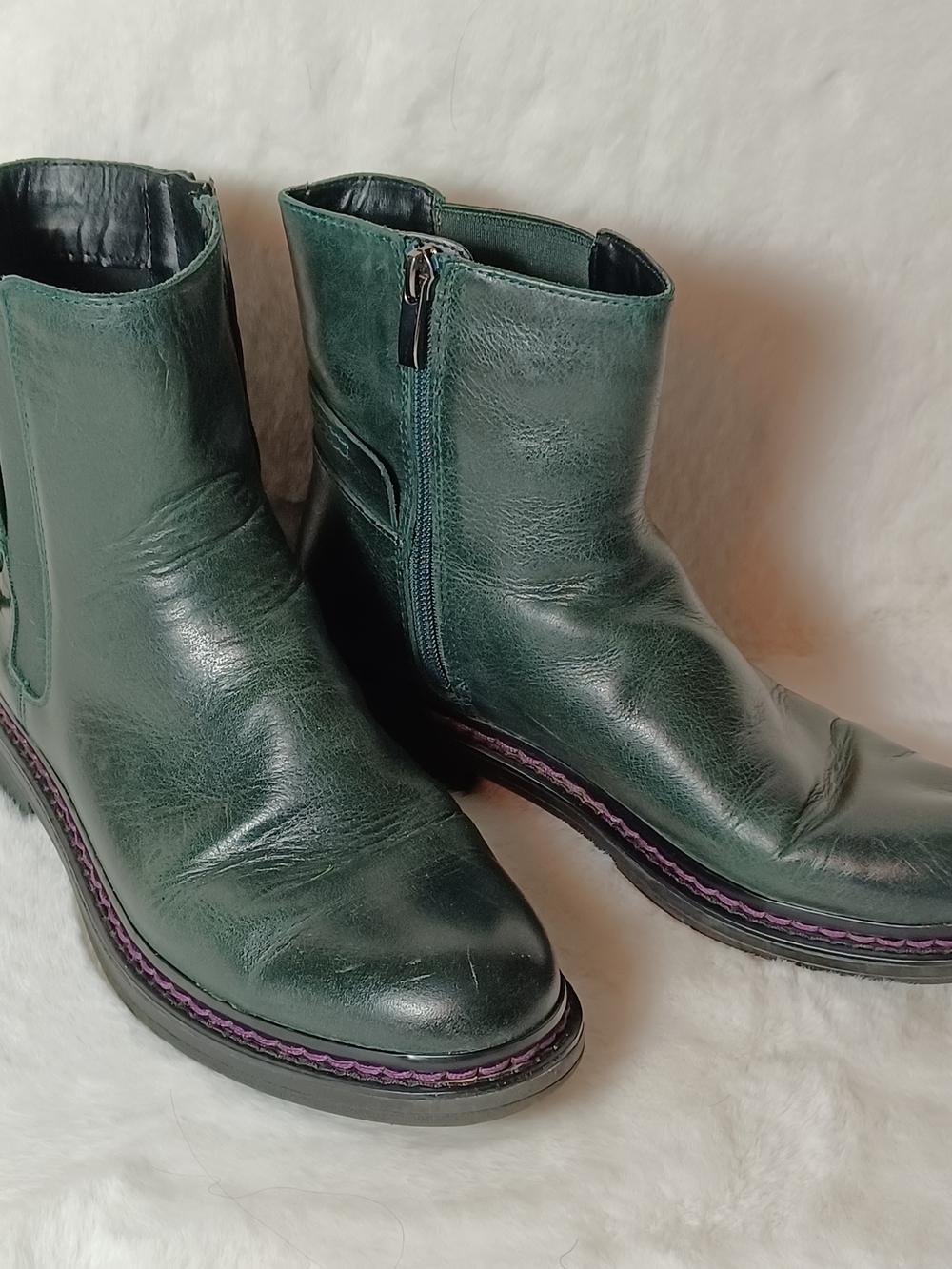 Franco Sarto Dark Green Leather Ankle Booties with Purple Stitching